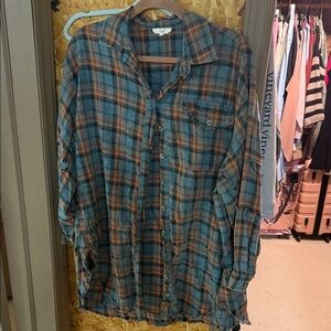Easel Blue and Orange Plaid Shirt